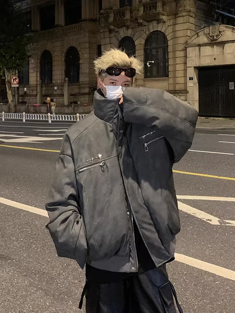 

American Sle Thiened PU Leather Cotton Jaet Men's Winter Warm Stand Collar Small Design Sense Workwear Coat