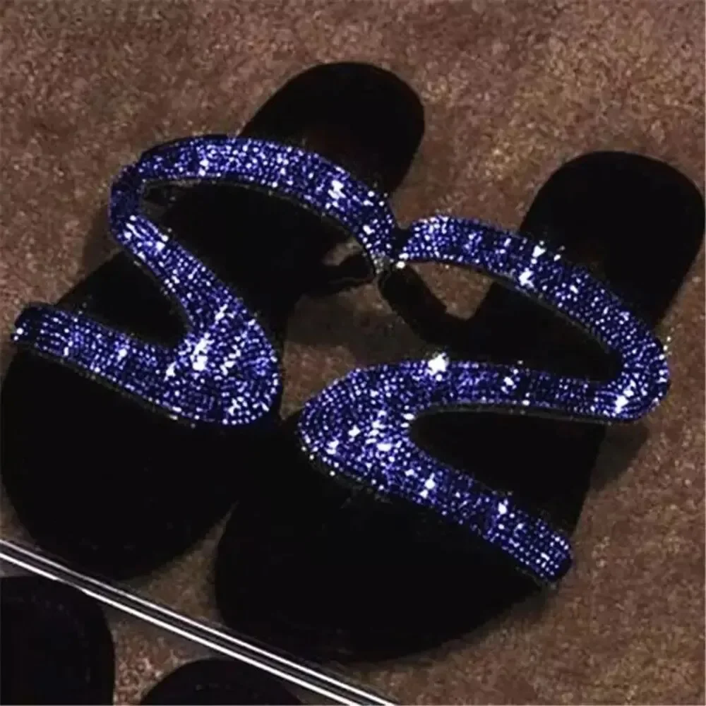 Chinelos de strass boca rasa para mulheres, slides sexy praia, sapatos confortáveis das senhoras, verão