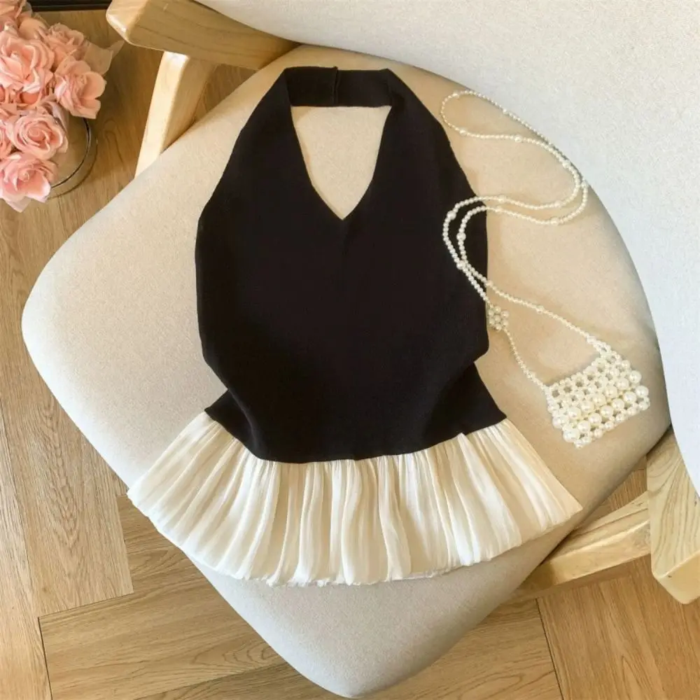 

Cute Patchwork Knit Crop Top Slim Fit V-neck Halter Camisole Women Vest Sleeveless Sweet Girl's Top Streetwear