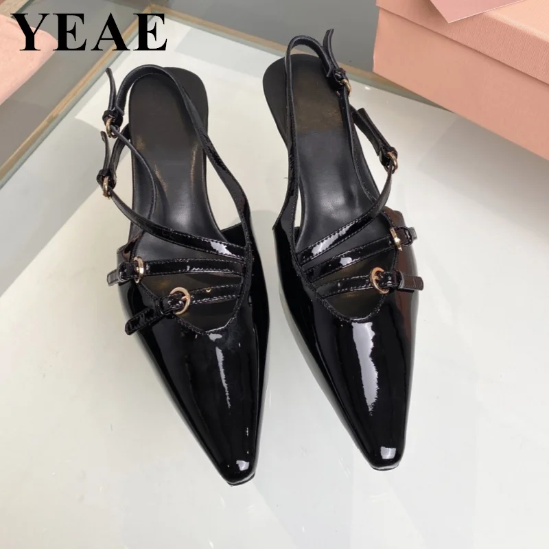 

2023 Women Buckle Strap Slingback Pumps Patent Leather Office Lady Kitten Heel Party Sandals Pointed Toe Female Sexy High Heels