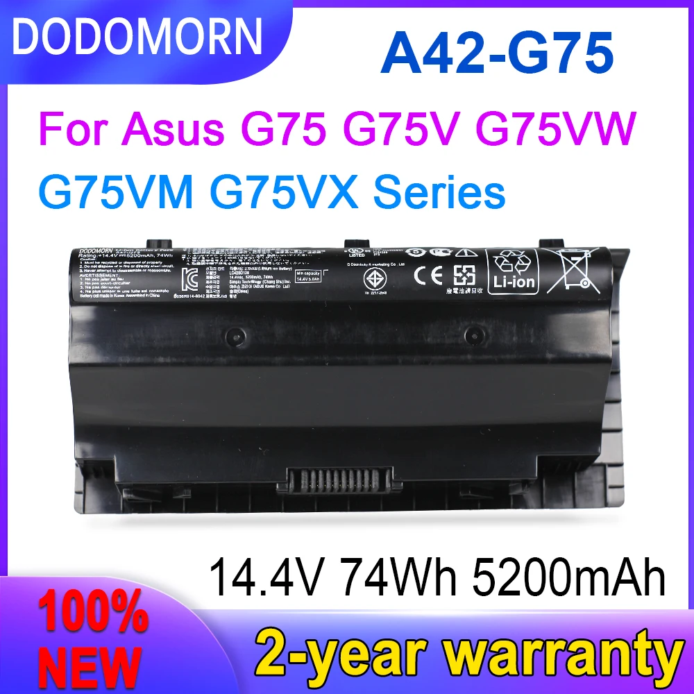 

ASUS A42-G75 аккумулятор для ноутбука DODOMORN новый для Asus G75 G75V G75VM G75VX Series G75 3D 14,4 В 74 Втч 5200 мАч