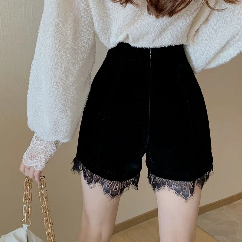 Women's Fashion High Waist Lace Stitching Shorts Straight Shorts Adjustable Slim Gold Velvet Boots Sexy Shorts Women's Clothing