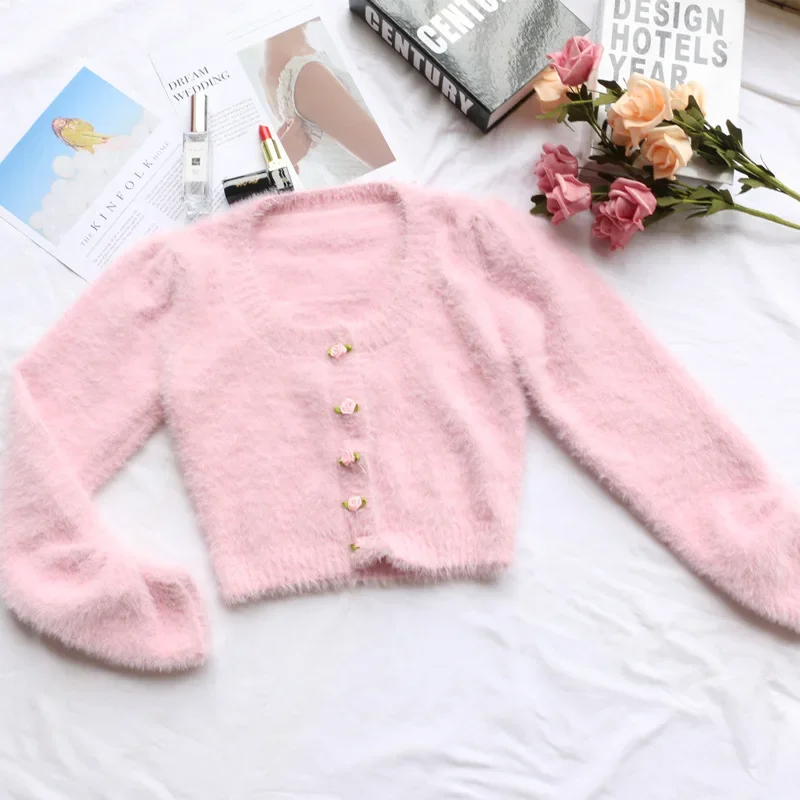 Sweet Pink Sexy Cardigan Women Fuzzy Round Neck Appliques Cropped Sweaters 2024 Autumn New Flower Buttons Female Short Jumpers