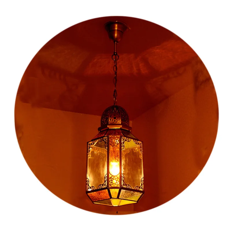 Arabian full copper hollow carved solder chandelier Moroccan Mediterranean cafe restaurant colored copper lamp