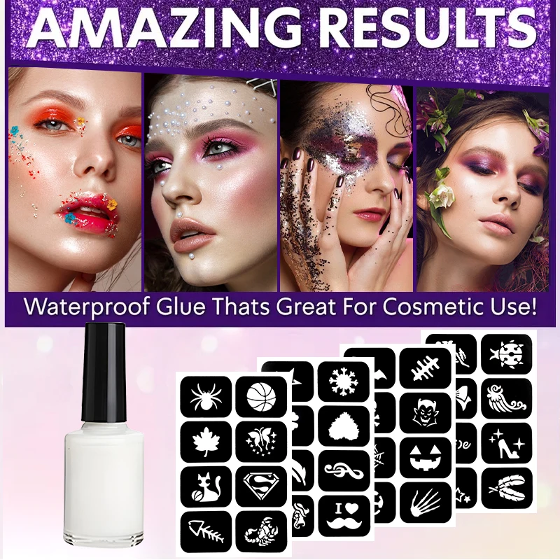 Reusable Temporary Tattoo Set with Body Glue, Multipurpose Stencil Kit for Glitter, Body Adhesive for Eyes, Face, Skin, Carnival