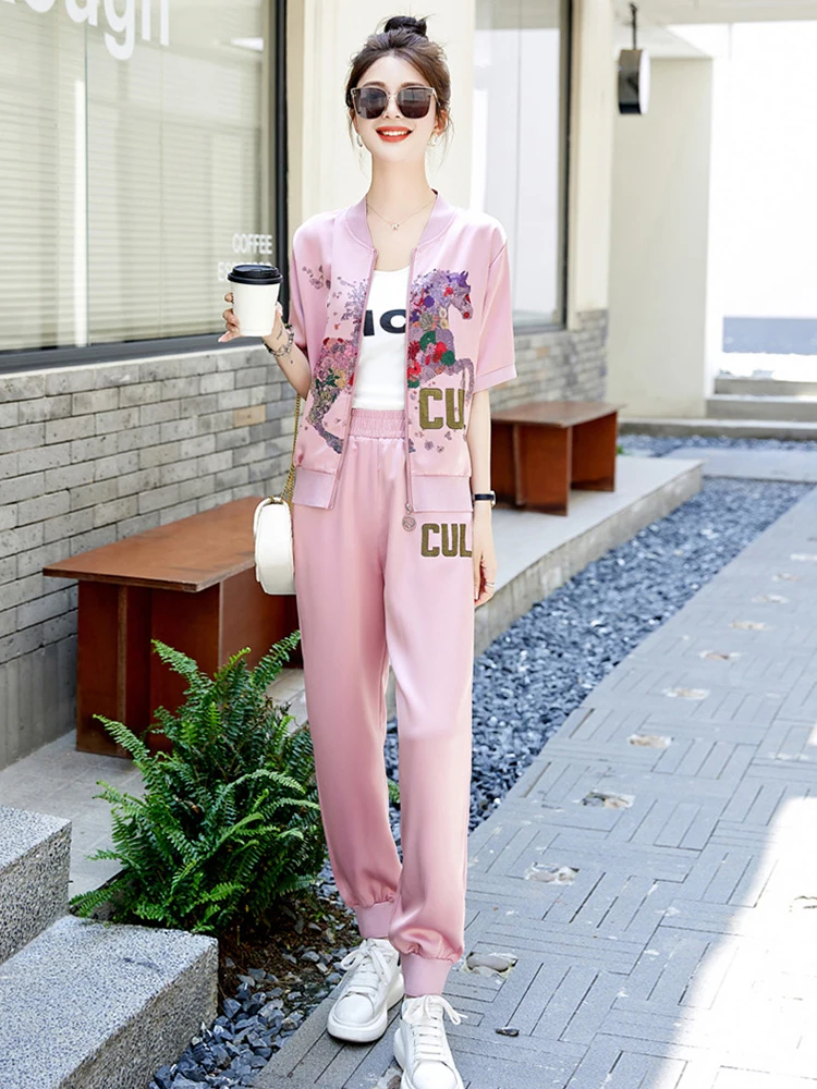 Short Sleeve Cardigan Coat and Wide Leg Pants Suit for Women Casual Sports Outfit Fashion Printing Pattern Summer 2 Piece Set