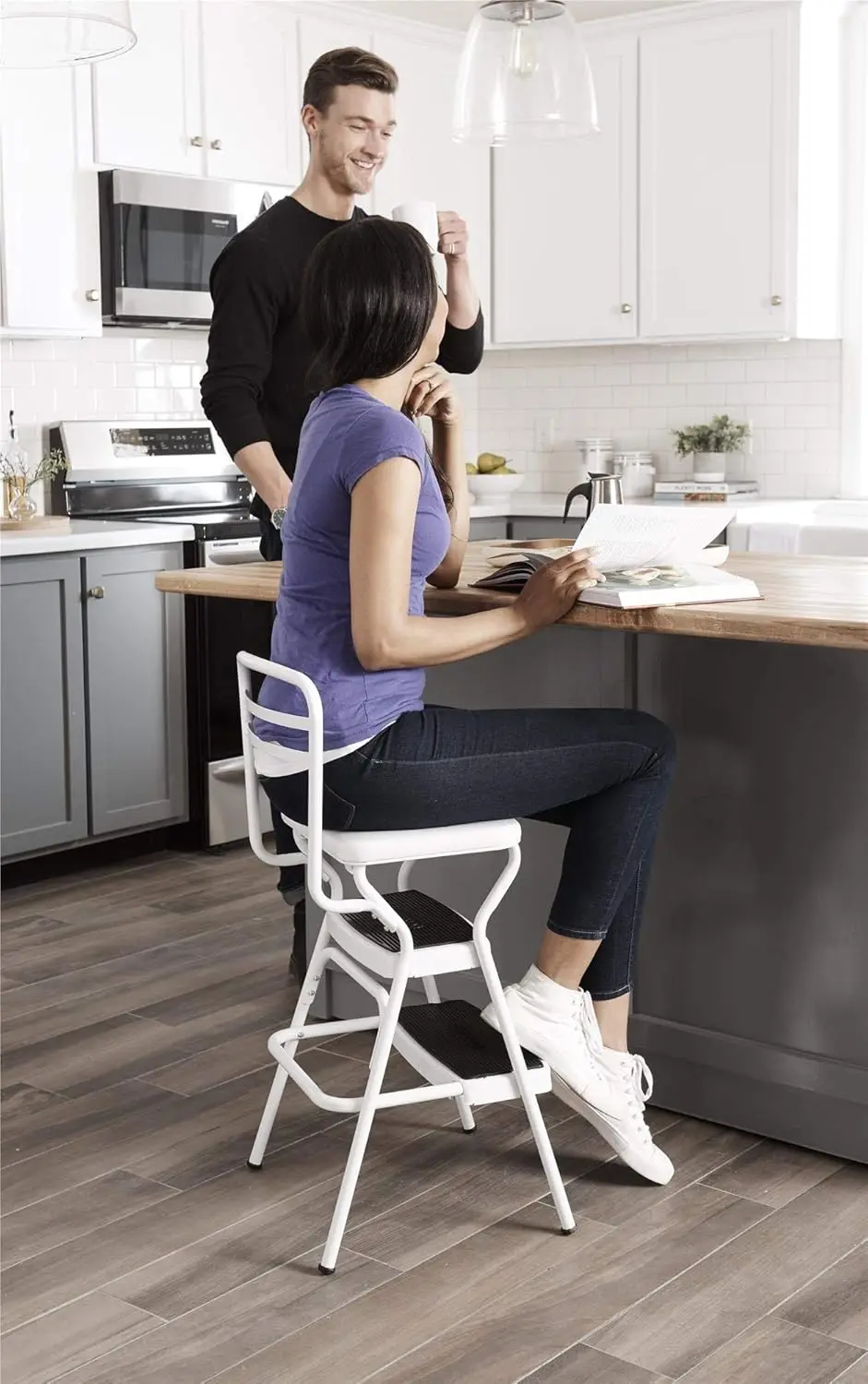 Stylaire Retro Chair + Step Stool with Flip-Up Vinyl Seat, White