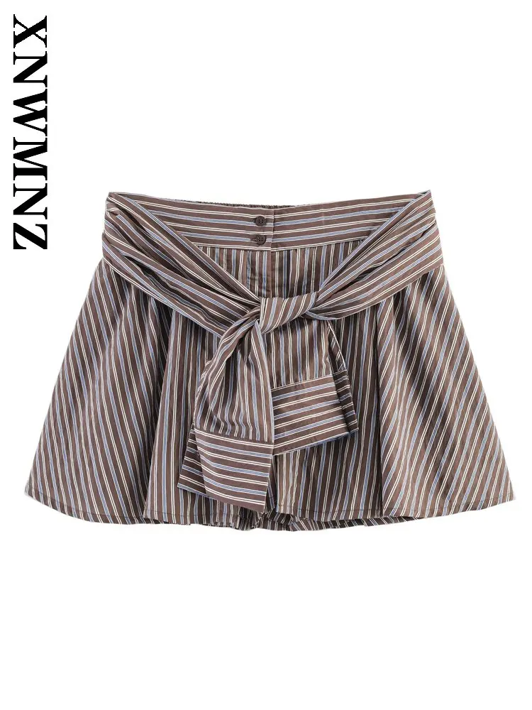 

XNWMNZ 2026 Summer New Woman Casual club tie-waist Print High Waist Bohemian Holiday Lady Chic wrinkle Thin Striped Slim Shorts