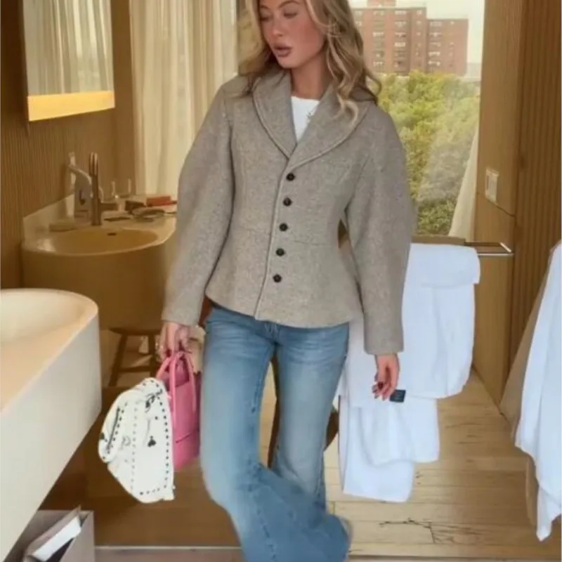 Women's Jackets 2026 Autumn New Herringbone Long Sleeve W aist-cinching Buttons Coats Fashion Casual Lady Elegant Chic Outerwear