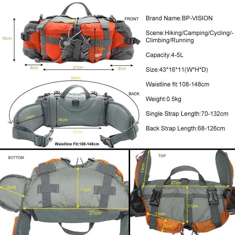 Imagem -04 - Bp-vision-caminhadas ao ar Livre Impermeável e Ciclismo Bolsa da Cintura para Homens Montanha Sports Fanny Pack Camping Nylon Mochila Caça Acessório