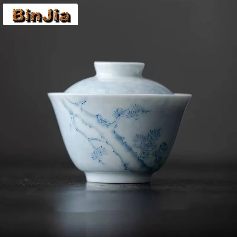 100ml Handpainted Pine Cover Bowl Household White Porcelain Gaiwan Boutique Tea Tureen Vintage Cup Items Collection Gift Craft