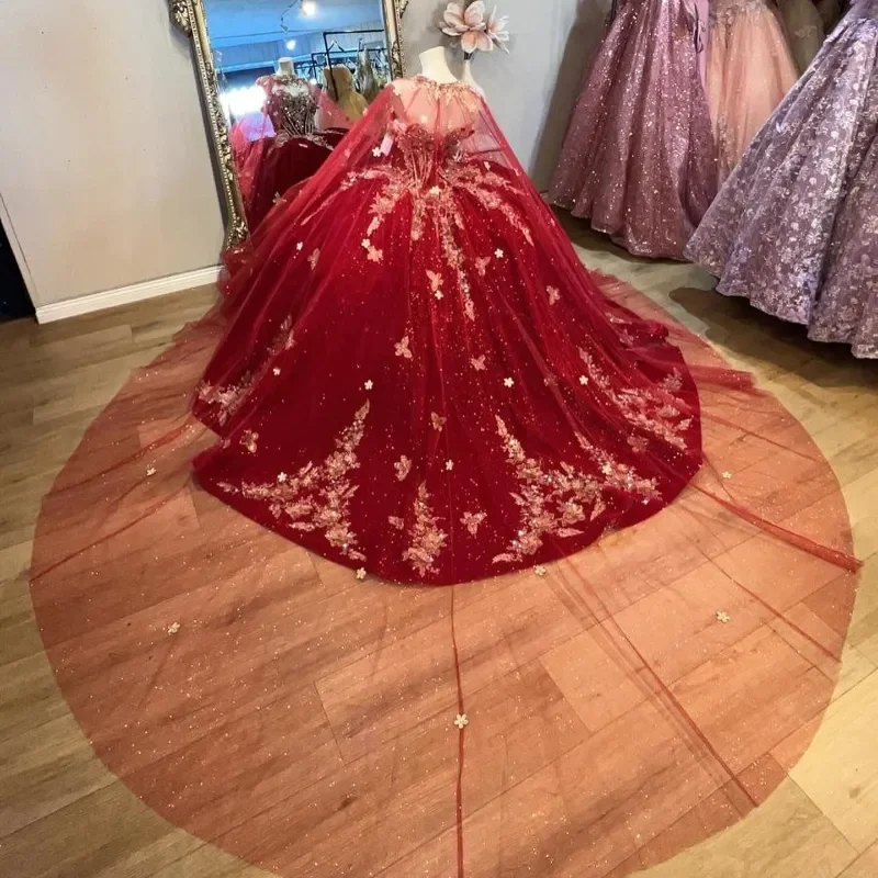 Luxury Red Gold Butterfly Applique Quinceanera Dresses Beading Off Shoulder Ball Gown With Cape vestidos 15 años quinceañera