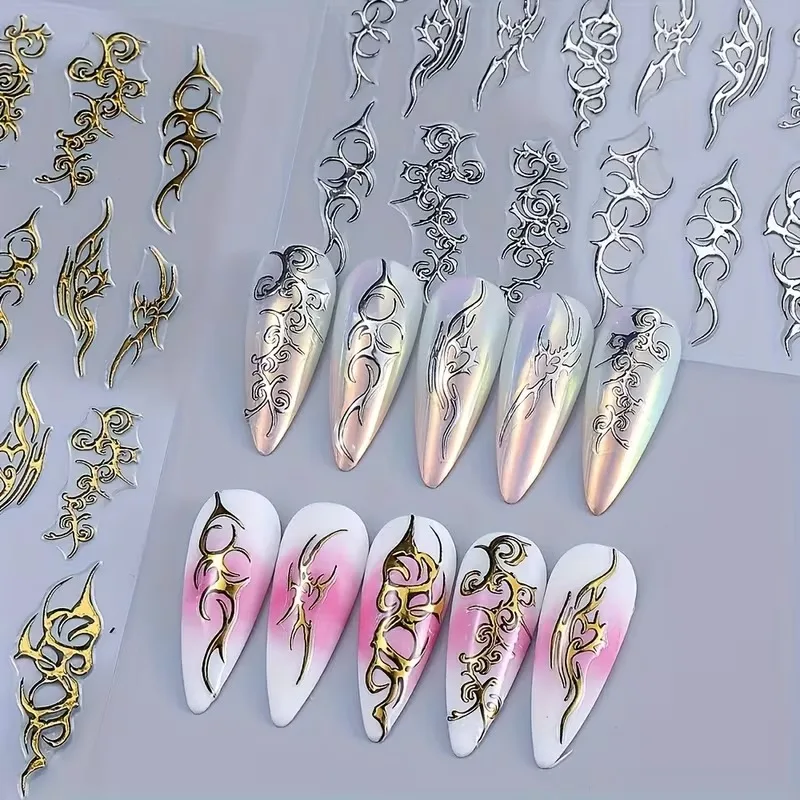 Autocollants pour ongles gothiques, ceinture Punk, 3D, auto-adhésifs, ligne or argent, autocollants pour Nail Art, épines rétro, lignes de flamme, Design d'ongles