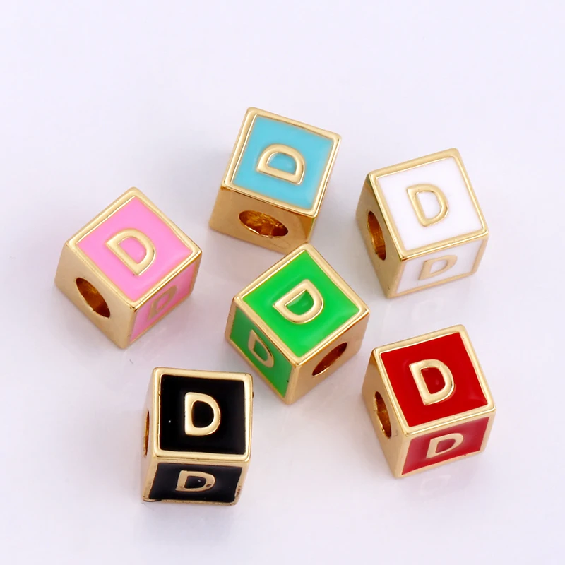 Square Cube Fashion Colorful Enamel Oil Dropped Initial Letter Name A-Z Beads,18K Gold Plated,Jewelry Necklace Findings P15