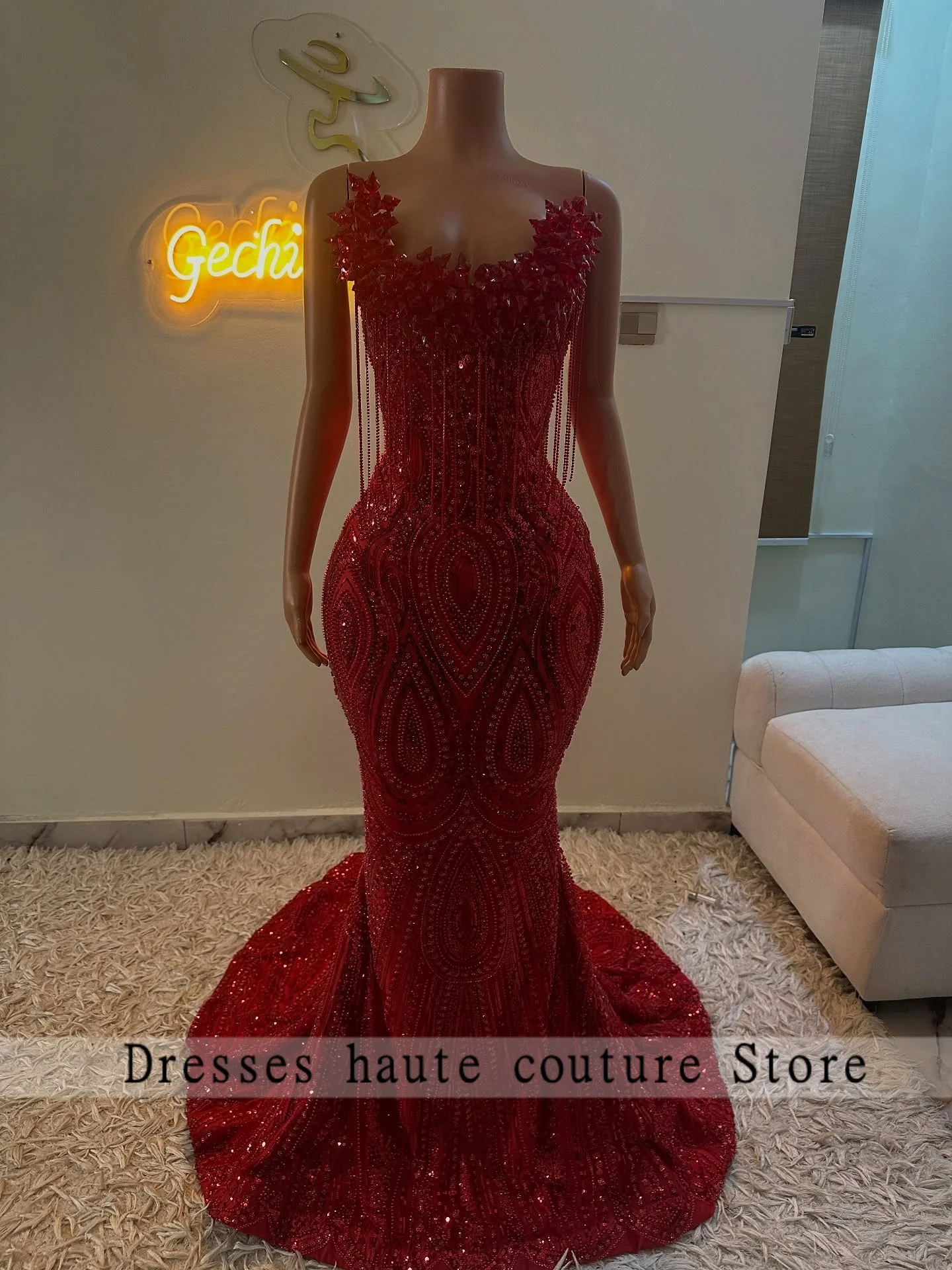 Vestido de fiesta de diamantes de cristal con lentejuelas y cuentas rojas, vestido Formal de sirena con borlas para fiesta de cumpleaños para niña negra, personalizado, 2026