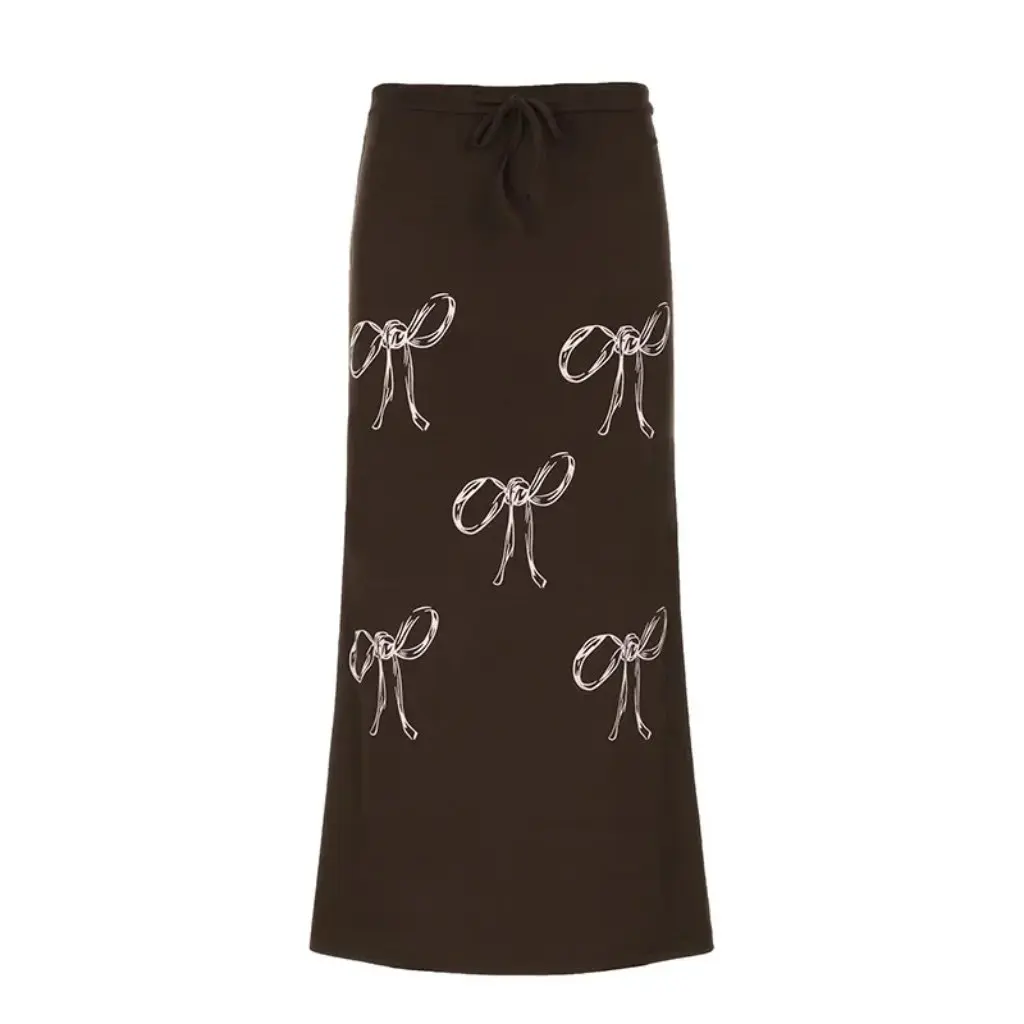 

Women's Retro Overskirt European And American Style Contrast Bow Print Slim-fit Low Waist Drawstring Lace-up Long Dress