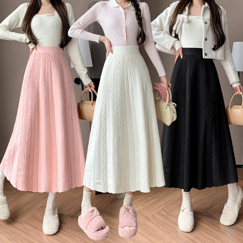 

Knitted A-line skirt, half length skirt, 2024 autumn and winter look slim, medium to long diamond pit striped yarn skirt