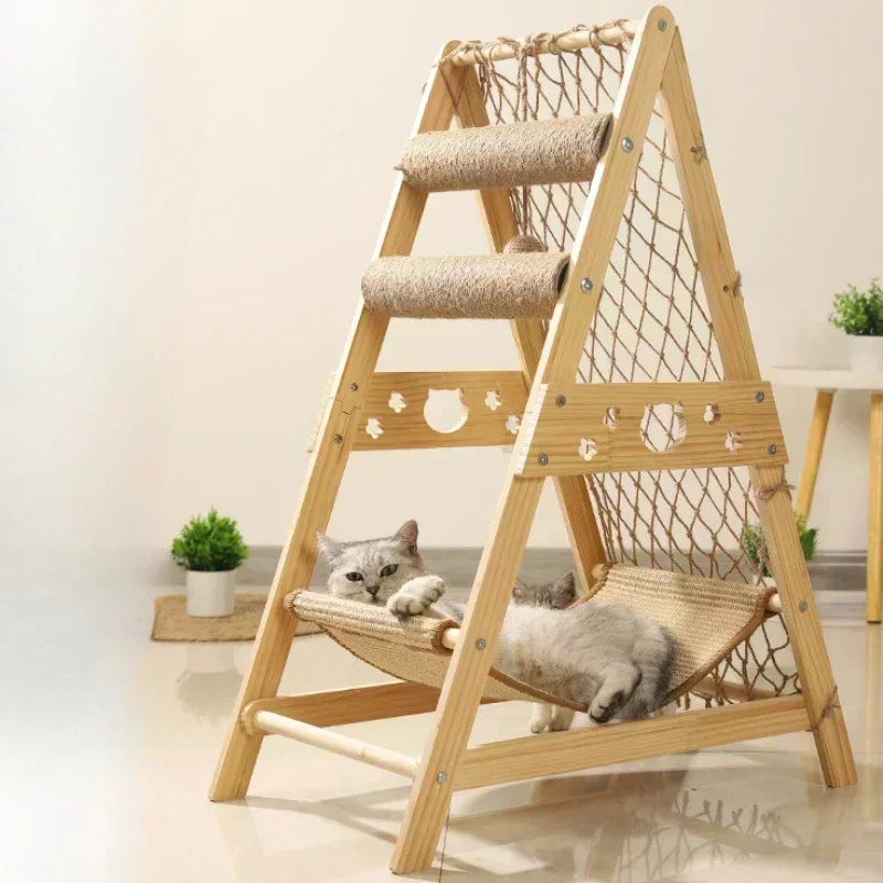 Pet Climbing Net Cat Climbing Frame Wooden Kitty Nest Cat Rack for Multiple Cats Multifunctional KittensToy