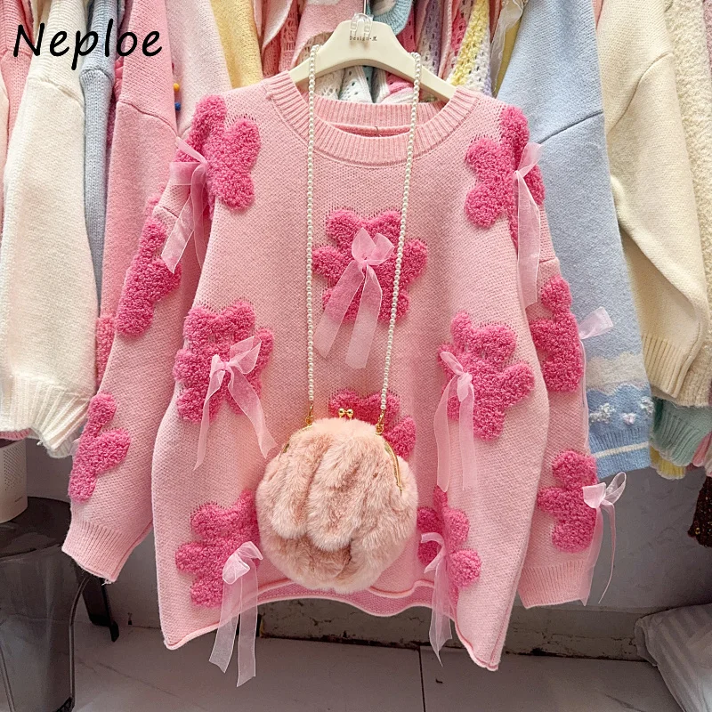 Neploe Preppy French Style Sweet Bow 3D Flower Pullovers O Neck Western Exquisite Loose Sweaters Lazy Simple Ruched Lace Up Tops