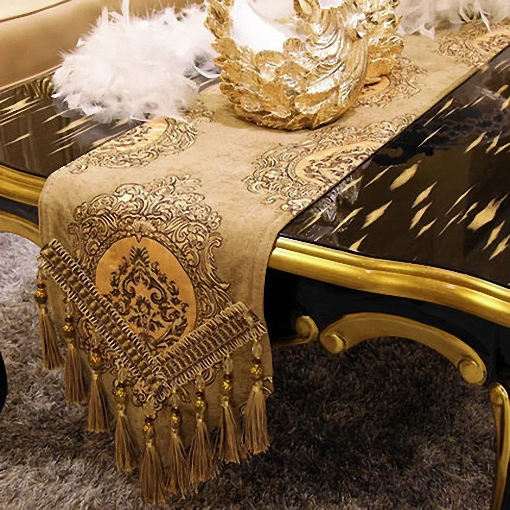 Brown Luxury Jacquard Table Runner High Density 3D Embroidery Tablecloth Table Cover European Classical Dining Table Decoration