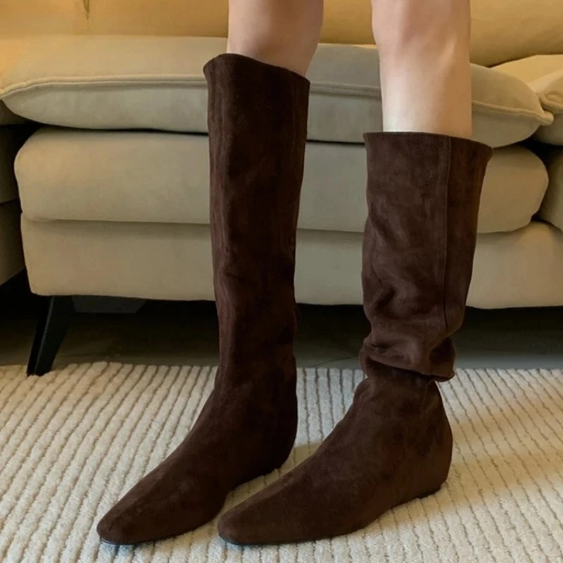 Vintage Stretch Slim Women Knee High Boots Fashion Internal Elevation Square Toe Shoes Autumn Winter Mordern Long Botas