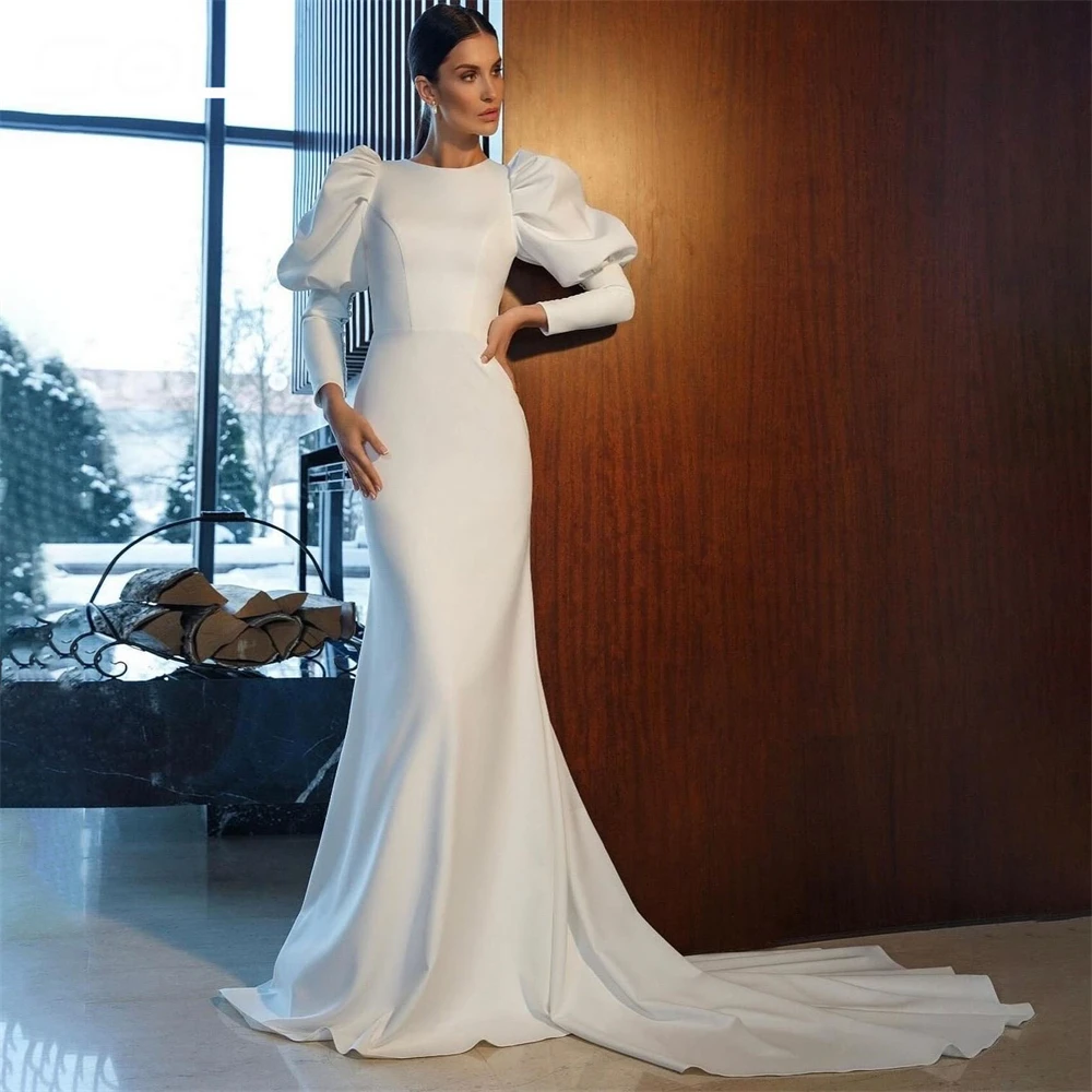 Sol Simple O Neck Long Puff Sleeves Satin Wedding Dress With Button Elegant Back Up Mermaid Bridal Gown Robe De Mariee