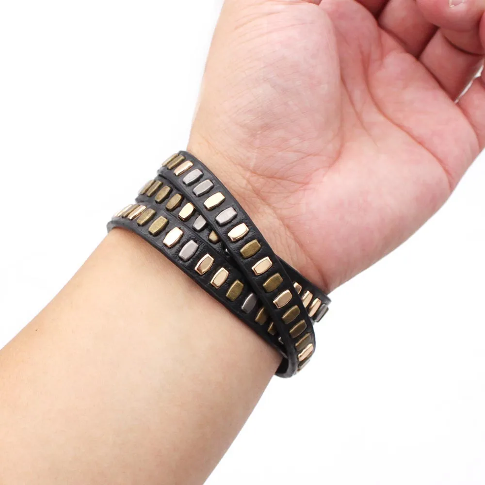 New Multilayer Punk Style Men Studded Leather Bracelet Unisex Gothic Rivet Wristband Rock Wide Strap Cuff Bracelet