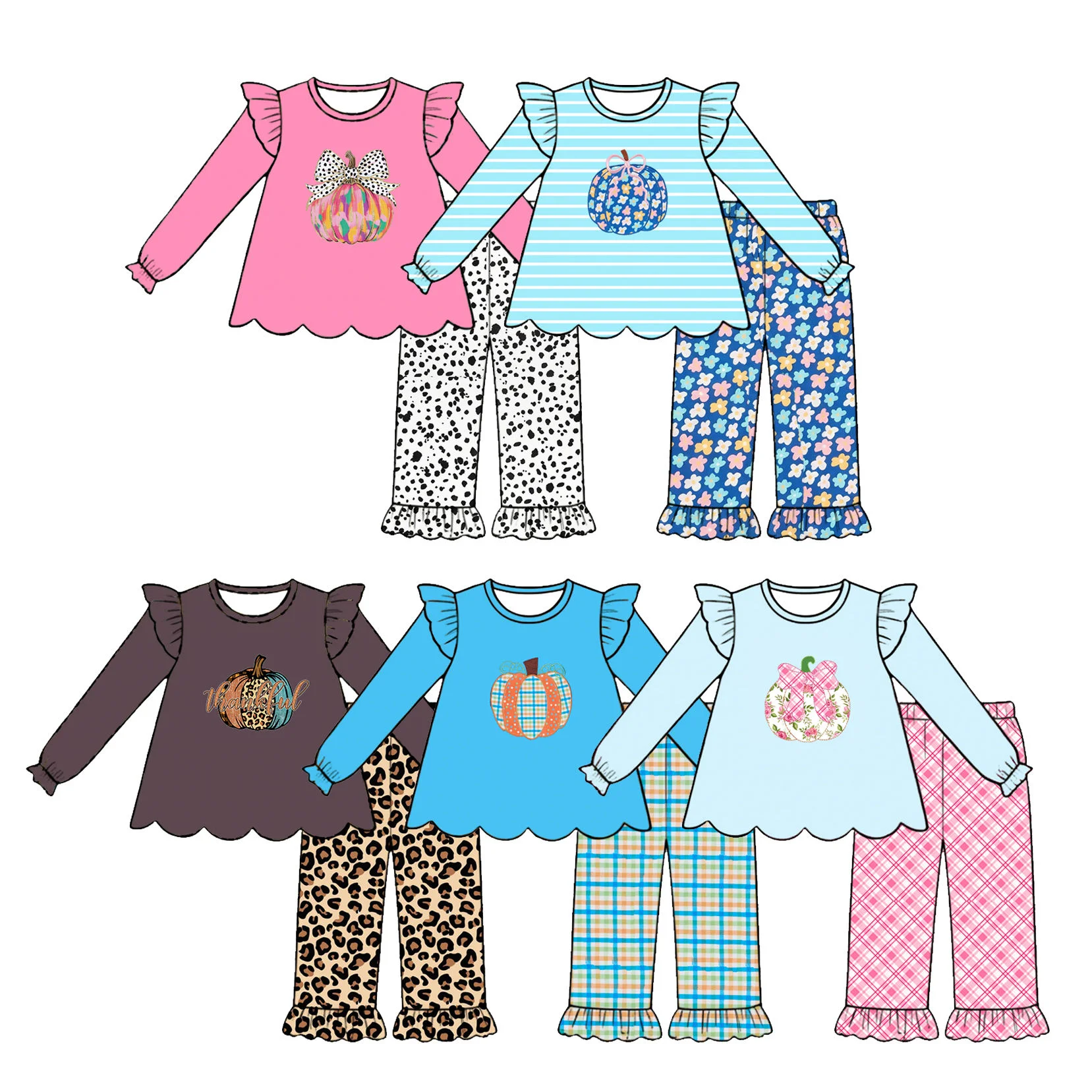 Thanksgiving Day Hot-selling girls' outfit ruffles Long sleeves and trousers pumpkin lattice leopard print custom