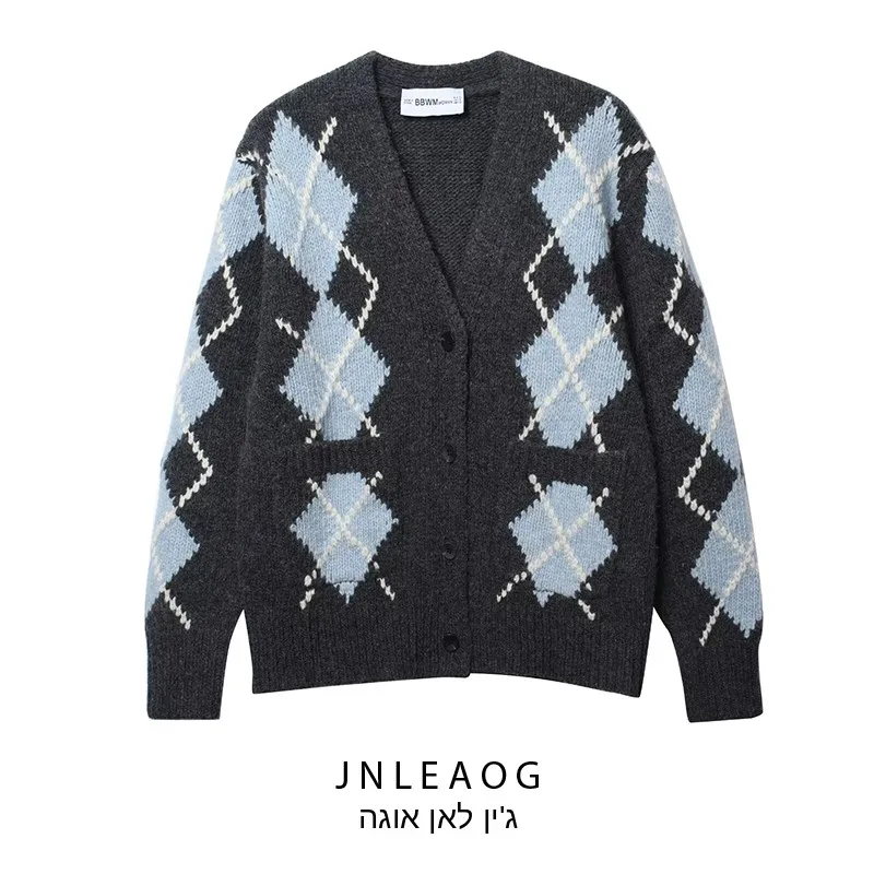 

Fashionable Versatile Diamond Pattern Outerwear JNLEAOG Women's Knitted Polyester Long Sleeve V-Neck Button-Up Coat for Autumn