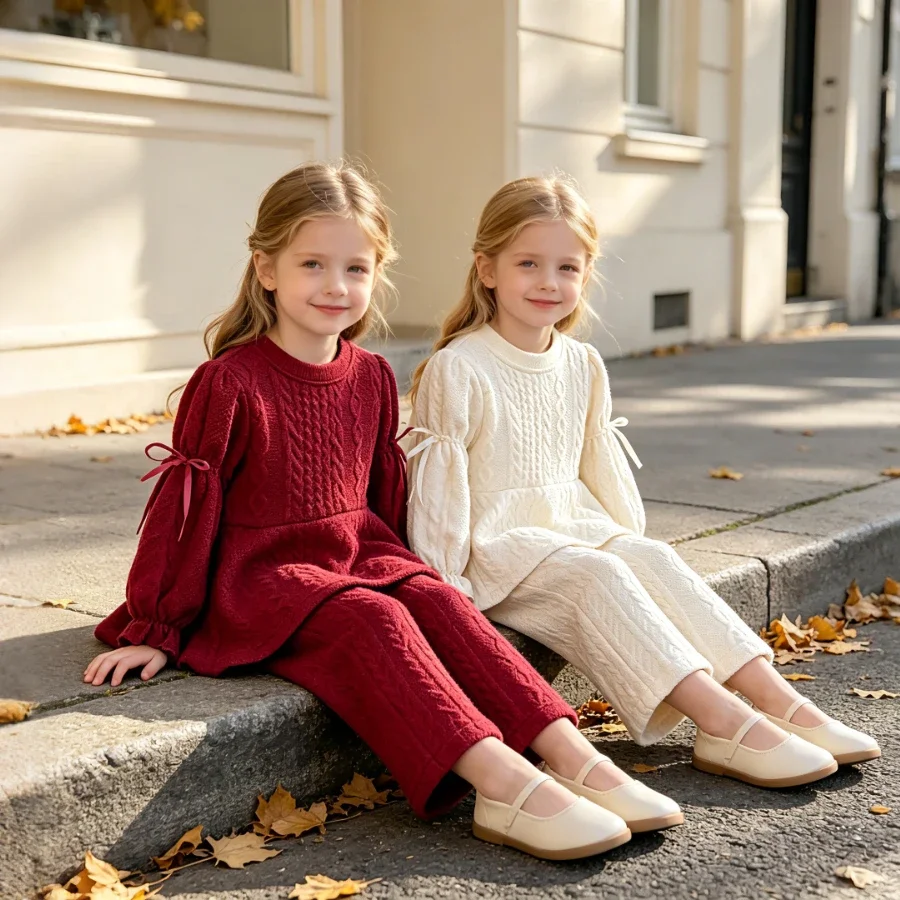 Girls Jacquard 2-Piece Outfit Set Long Sleeve Top Flare Pants with Bow Detail School Kids Cute Autumn Casual Daily Clothes 2-10Y