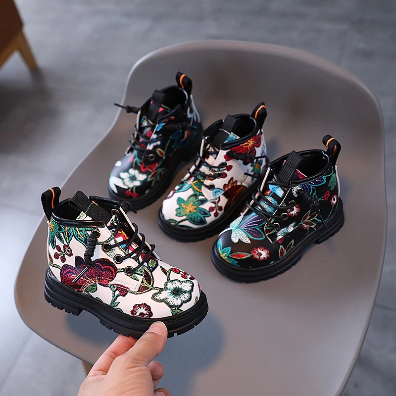 Toddler Kids Martin Boots Flower Graffiti Autumn Fashion Children Short Boot 21-30 Round Toe Comfy Pu Leather Boys Girls Shoes