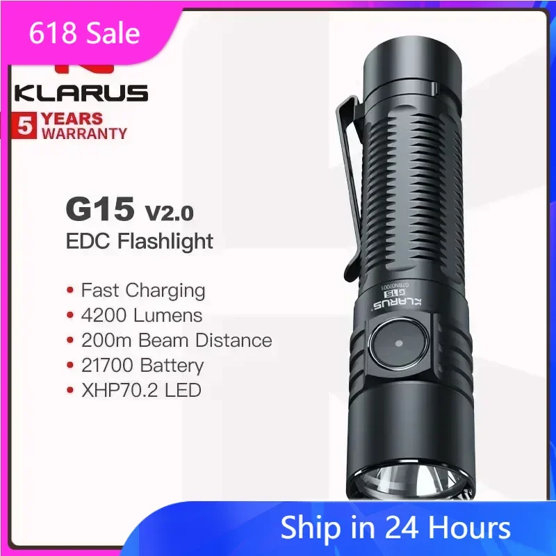 

Klarus G15 V2.0 Portable EDC Flashlight, 4200 Lumens 200m Beam Distance, 18650 Battery, Fast Rechargeable, For Camping, Hiking