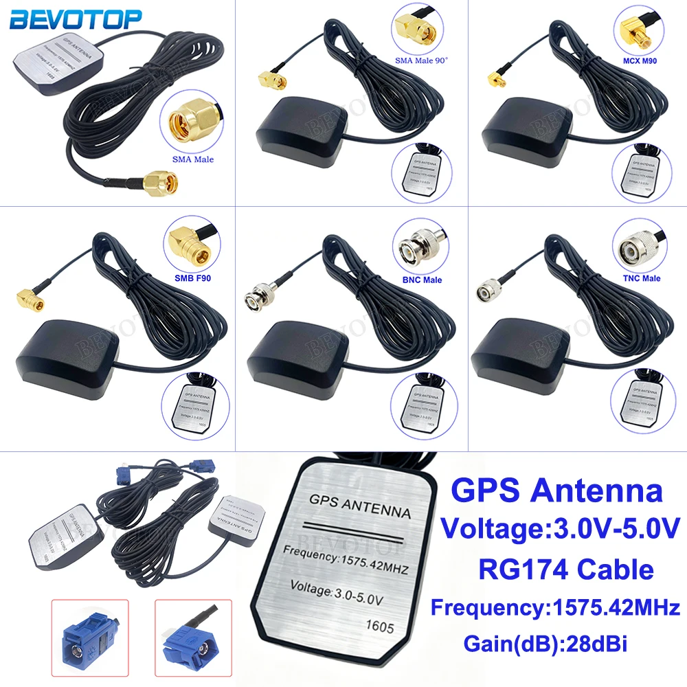 Antena GPS para Carro com Conector SMA/MCX/MMCX/Fakra/TNC/BNC Ganho de 28dBi Cabo RG174 Adaptador de Antena GPS 2M 3M 5M 7M