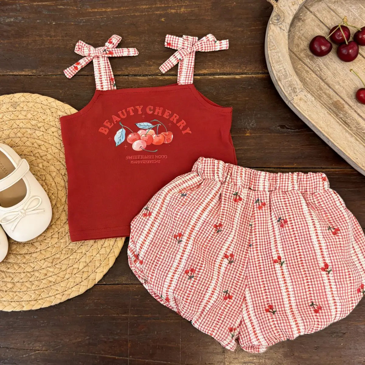Korean style summer new girls' set with bow strap printed top paired with striped shorts two-piece set