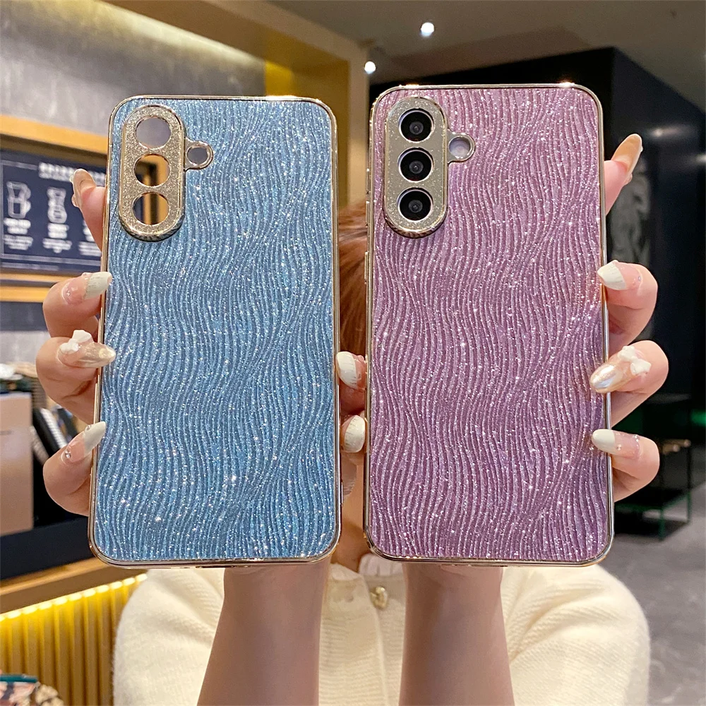 Glitter Waterflow Pattern PU Leather Case for Samsung Galaxy A57/A56/A55/A35/A14/A16 Gold Plating Camera Lens Protection Cover