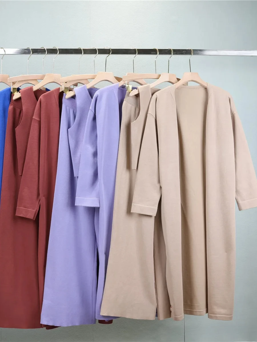 Kardigan Rompi Rajutan Celana Kaki Lebar Sweter Wanita Pakaian Ansambel Panjang Kasual Muslim Setelan Rajut Maroko Set 3 Potong Musim Dingin
