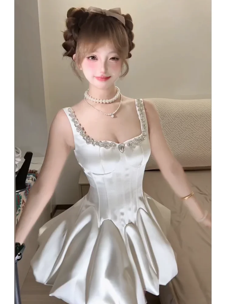 

Summer Sexy Sle Diamond Embedded Square Collar Strapl Dr Women's Faionable Pure White Birthday Par Gown