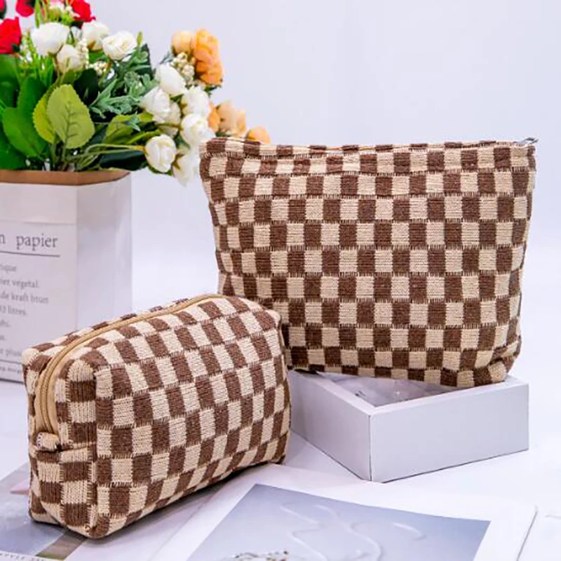 2PC Lattice Knitted Autumn And Winter Storage Portable Large Capacity Daily Wash And Makeup Bag