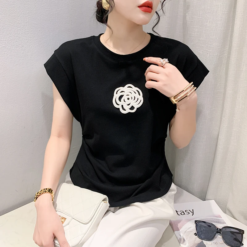 2024 New Arrival Elegant Trend High Quality Embroidered Flares Cotton T-shirt Summer Woman S-3XL Flying Sleeves Loose Luxury