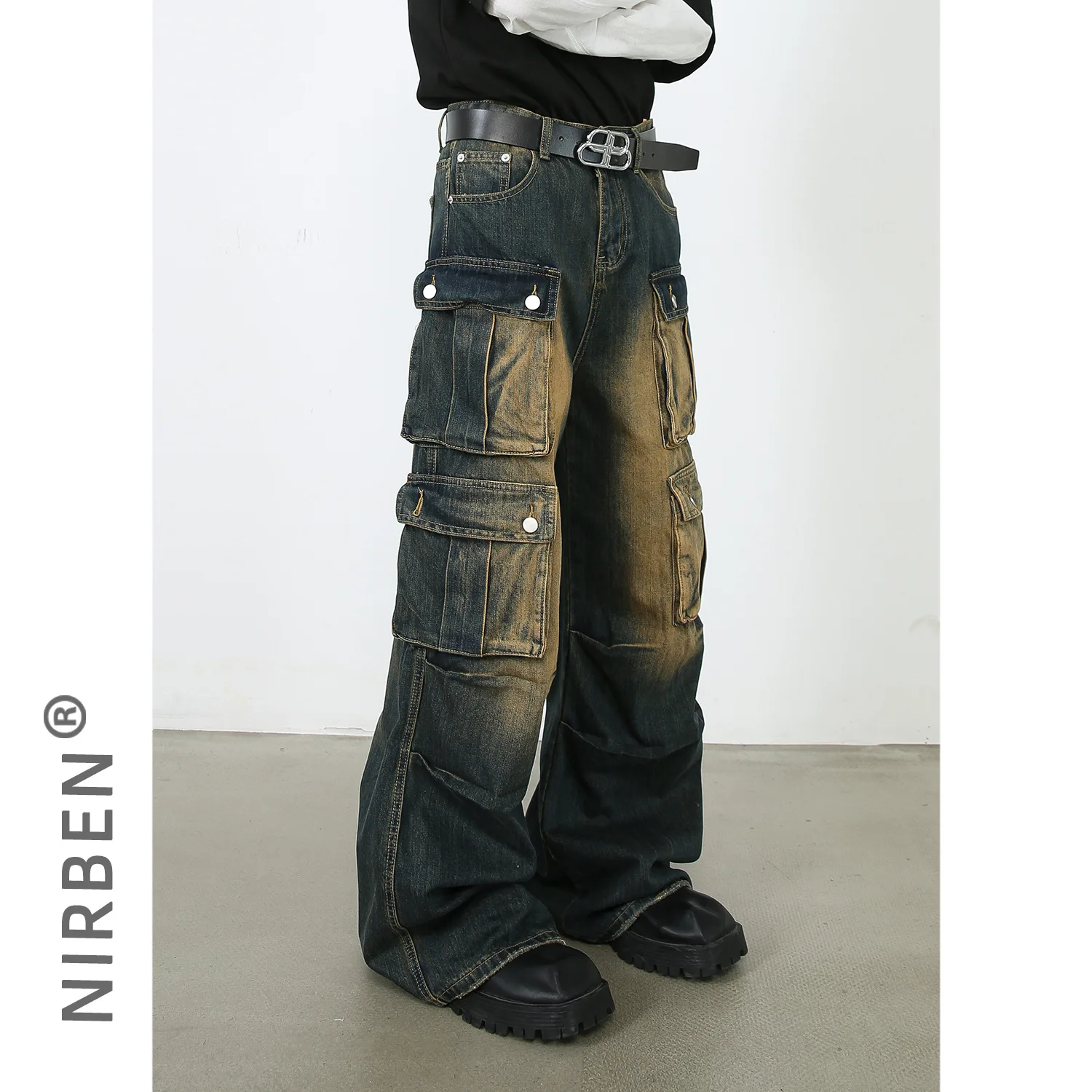 Denim American Retro Overalls Men's Jeans High Street Loose Straight Multi-pocket Wide-leg Trousers