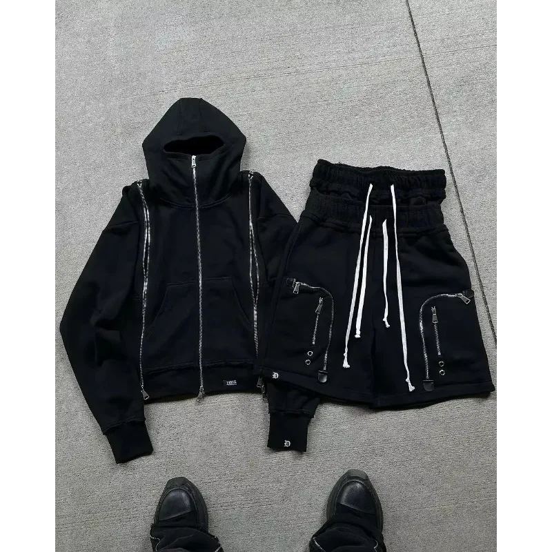 Black zippered double-sleeved shorts suit hooded sweatshirt sports suit American high street casual patchwork jacket hot sale