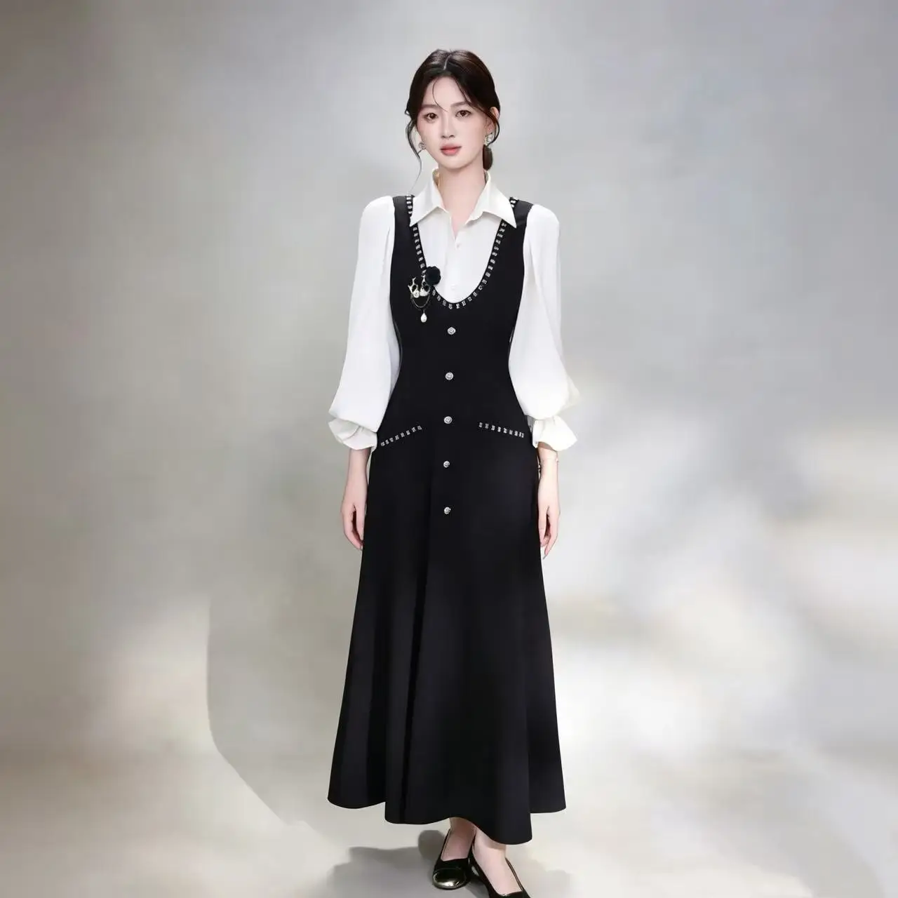 Elastic Cotton Silk Long Dress Fake Two-Piece Set Women's Autumn Fashion High Waist Color Block City Walk Casual Dress