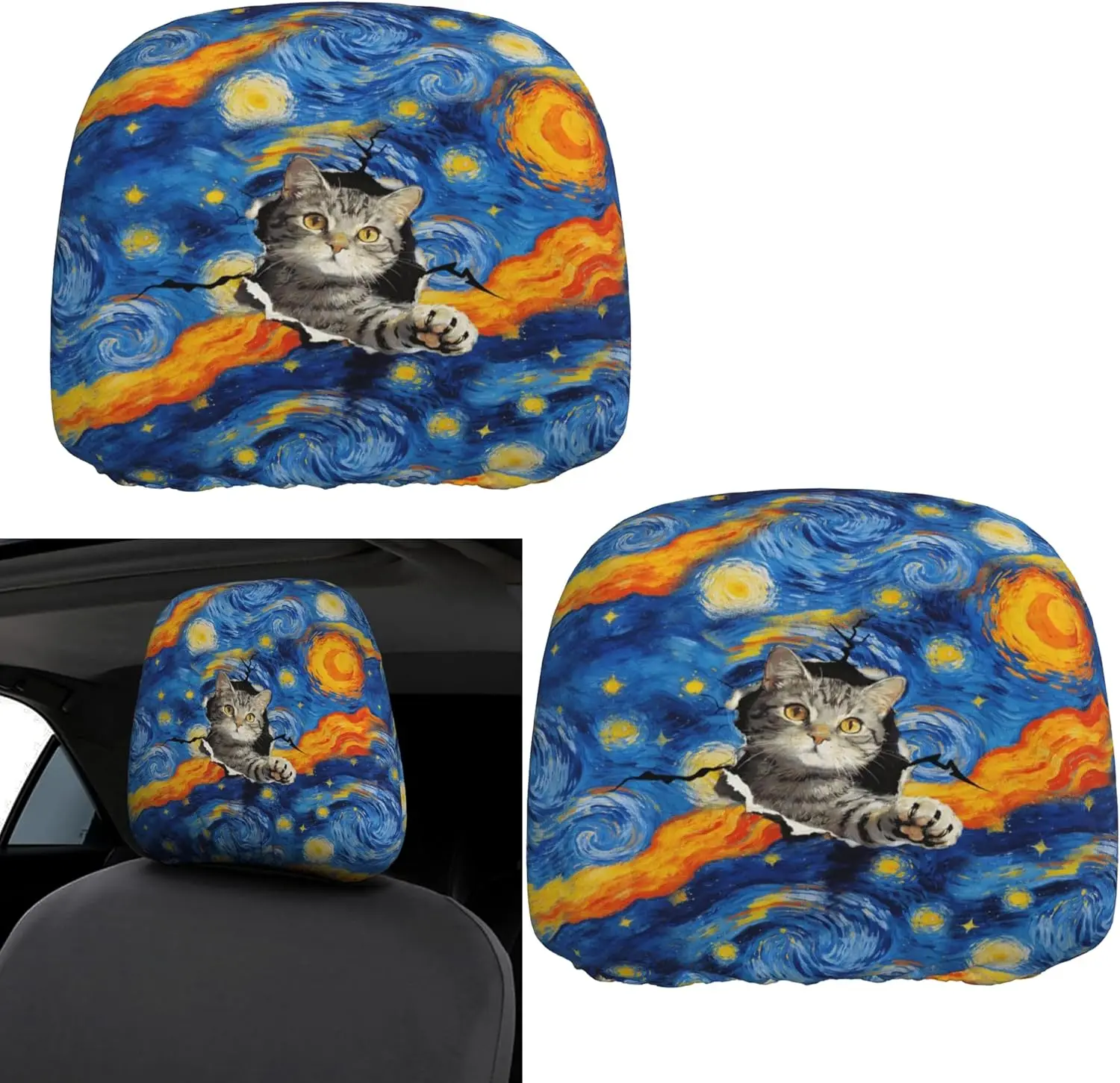 Pink Floral Kitten Print Car Headrest Covers, Easy To Remove, Car Atmosphere Headrest Covers