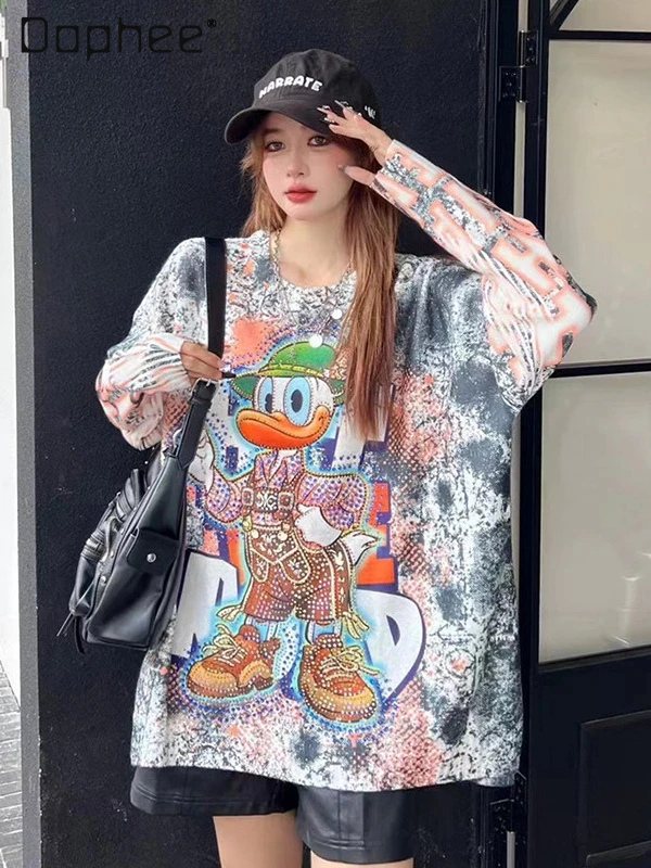 Fashion Cartoon Printed Knitted Tops Autumn and Winter New Hot Diamond Loose Round Neck Pullover Long Sleeve Sweaters Women