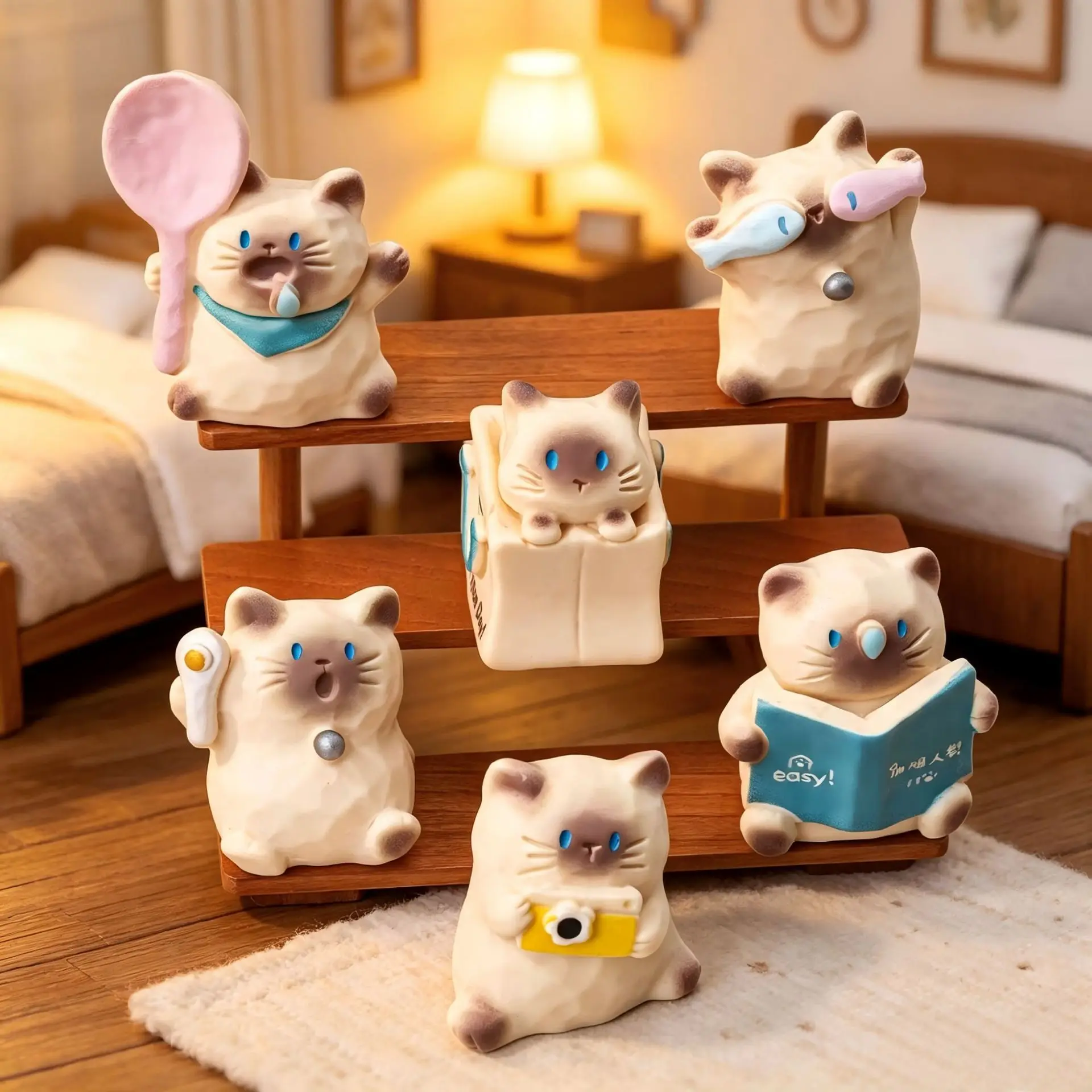 6pcs Kawaii Siamese Cat Resin Figurine Cute Mini Kitten Miniature Ornament Dollhouse Micro Landscape Desktop Car Decor Gift
