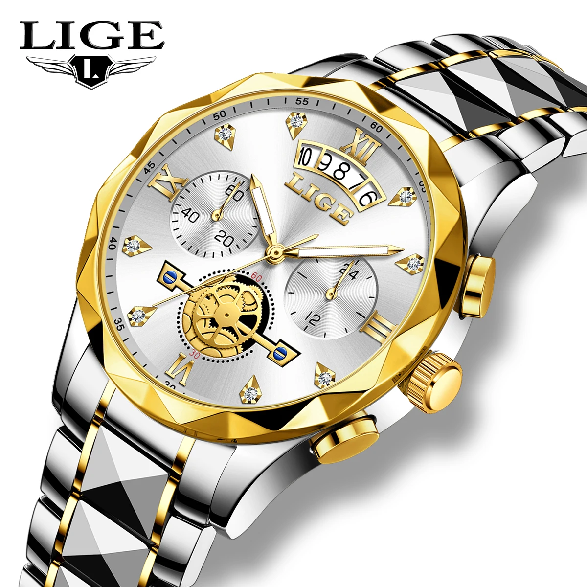 LIGE Men's Watches Golden Stainless Steel Calendar Flywheel Skeleton Chronograph Waterproof Mens Wristwatches Reloj Hombre+Box