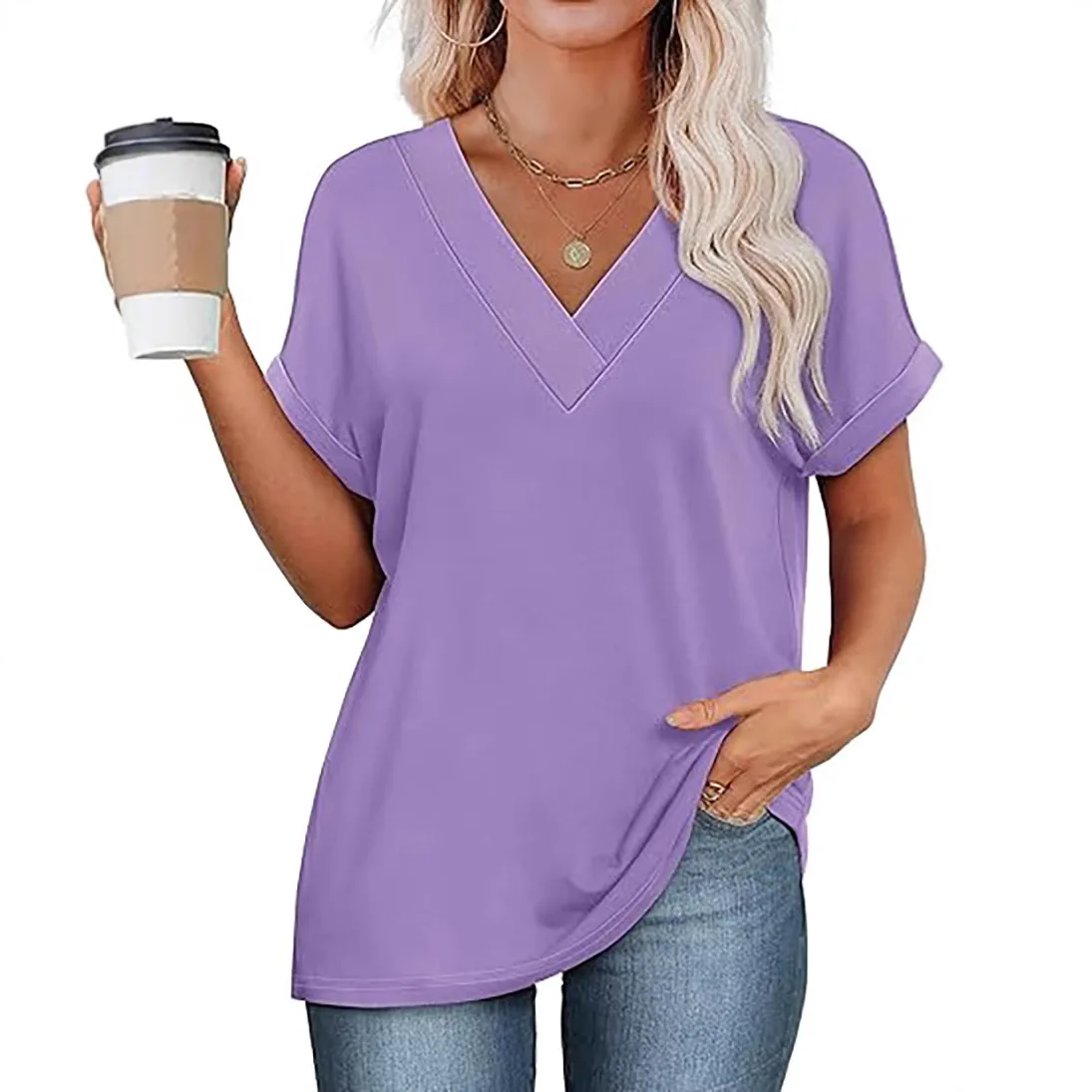 Women's Summer Tops Bat Sleeve Shirt 2025 Fashion V-neck Casual All-match T-shirt Women Clothing