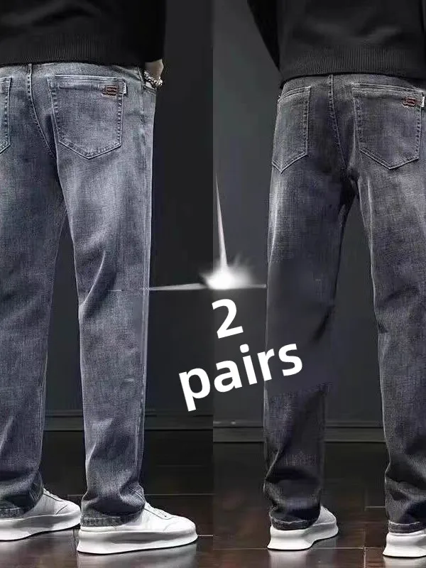 

New 2026 Men's Elastic Jeans Casual Loose Fit Straight Leg Workwear Trousers Wear Resistant Cotton Stretch Denim Pants