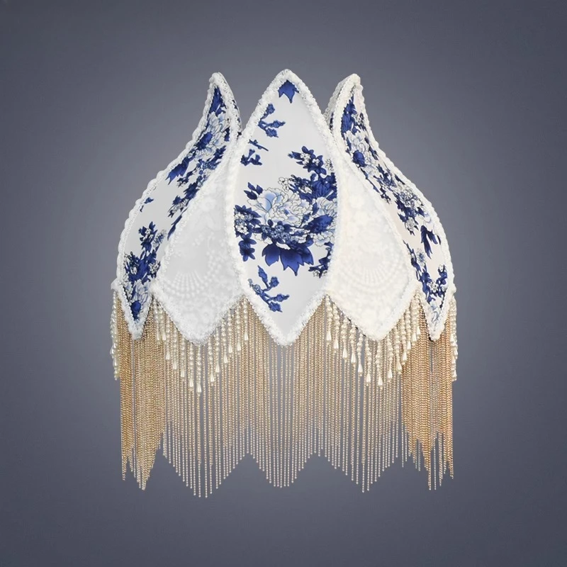 

French retro blue and white porcelain white pearl copper bead chain full brass desk lamp floor lamp shade