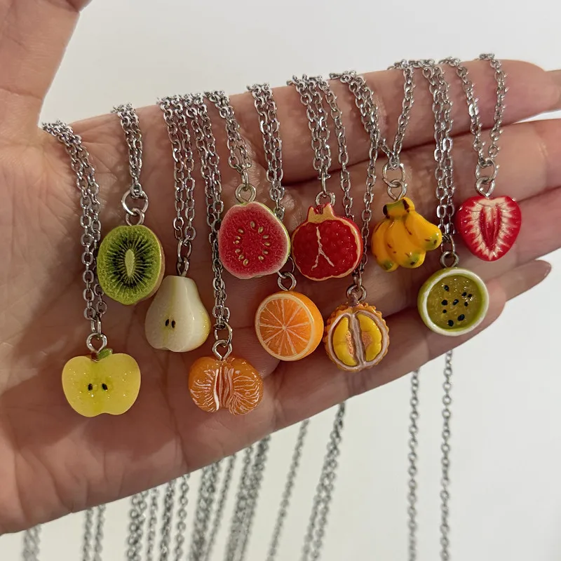 Mini Fruit Pendant Necklace for Women, Banana, Lemon, Apple, Strawberry Colored Accessories